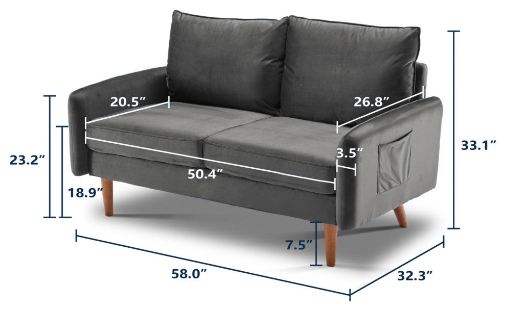 Trout Gray Velvet Modern Loveseat With Side Pockets