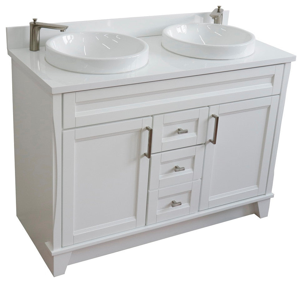 48" Double Sink Vanity, White Finish With Engineered Stone Top And Round Sink