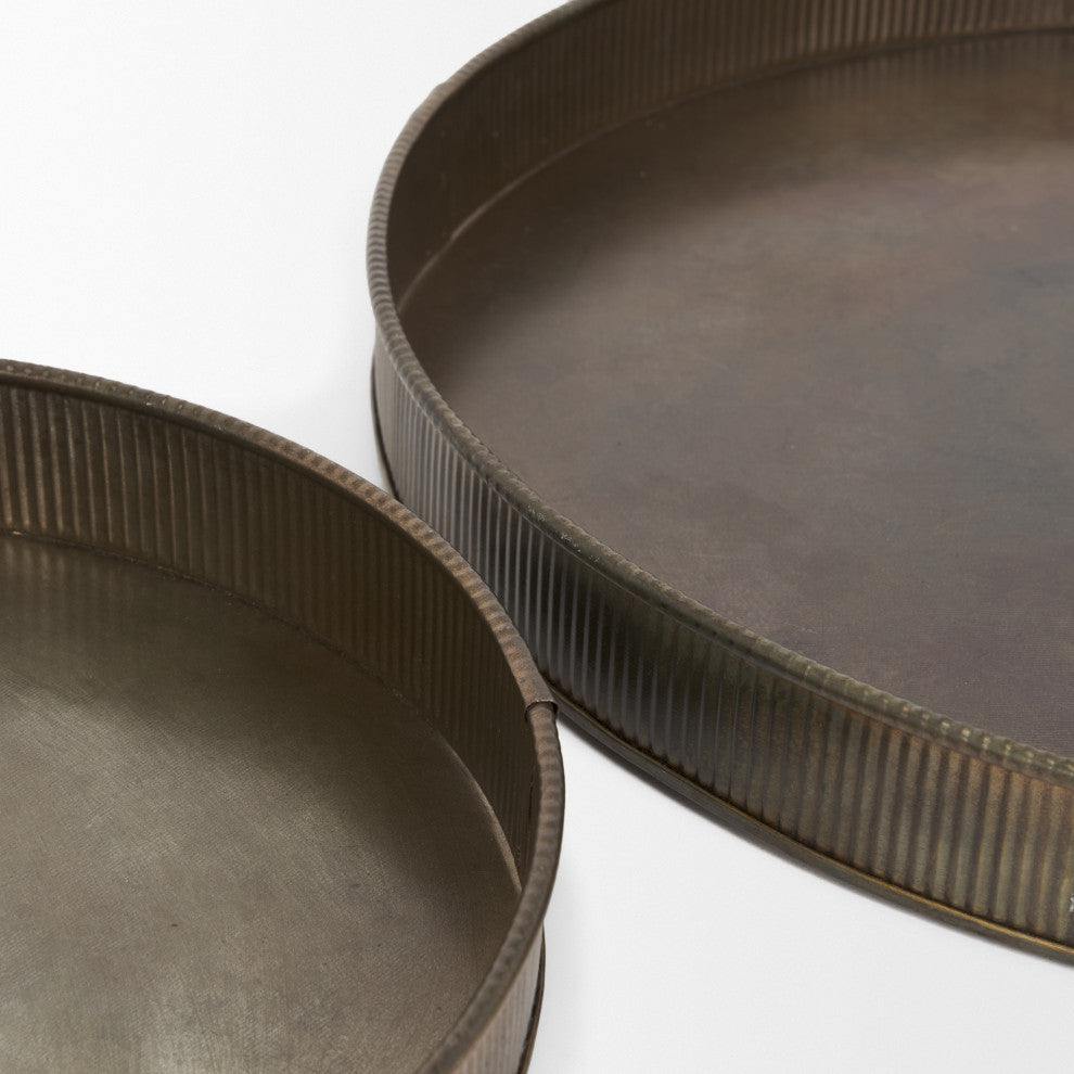 Varun Round Antiqued Brass Metal Tray, 2-Piece Set