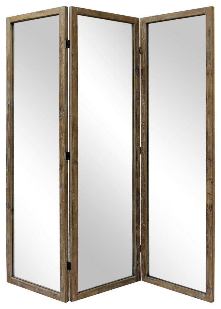 Benzara BM276717 3 Panel Mirror Room Divider, Wood Frame, Distressed Brown