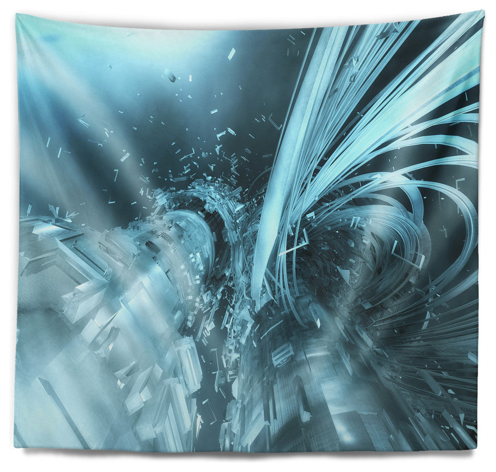 Fractal 3D Light Blue Collision Contemporary Wall Tapestry, 92"x78"