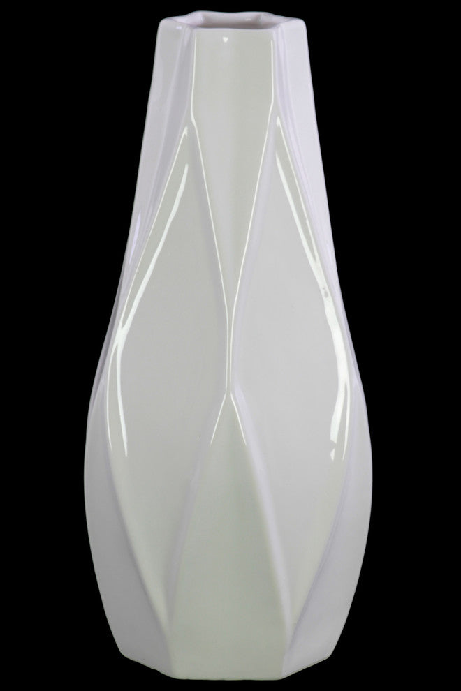 Bellied Round Vase, Star Lips, Geometric Design Body and Tapered Bottom, White