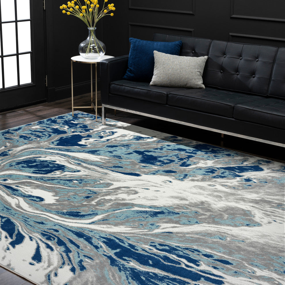 Colton Contemporary Abstract Blue/Cream Rectangle Area Rug, 7'11''x10'3''