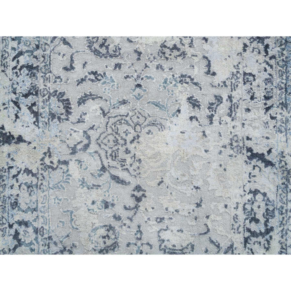 Gray Pure Silk With Wool Hand Knotted Broken Kashan Design Runner Rug, 2'9"x7'8"