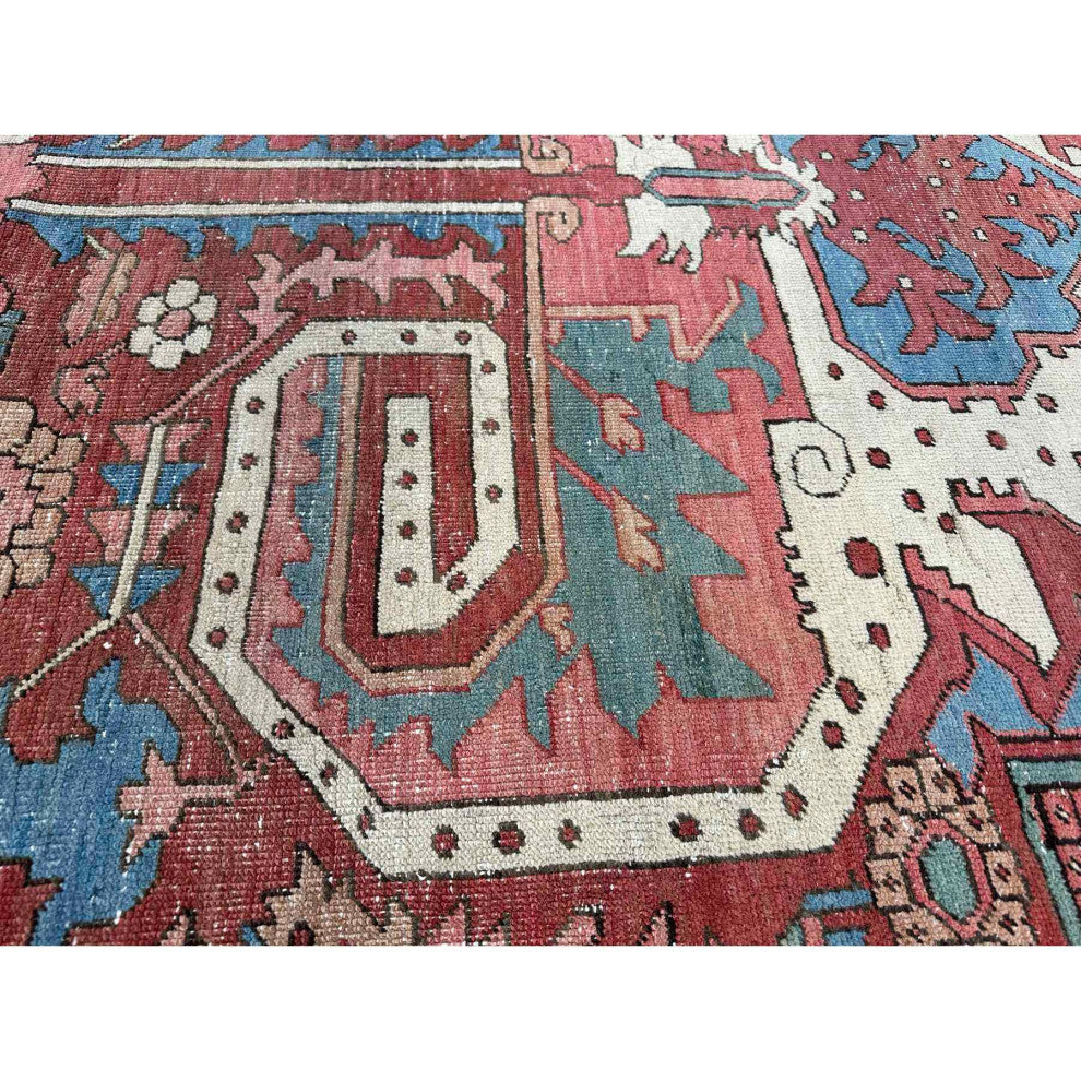 Blush Red Antique Persian Serapi Heriz Hand Knotted Pure Wool Rug, 12'3"x18'6"