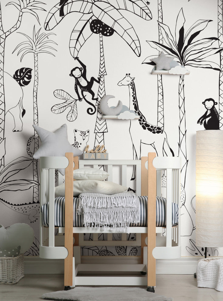Safari Jungle Illustration Peel and Stick Vinyl Mural, Black, 24"x108", Single