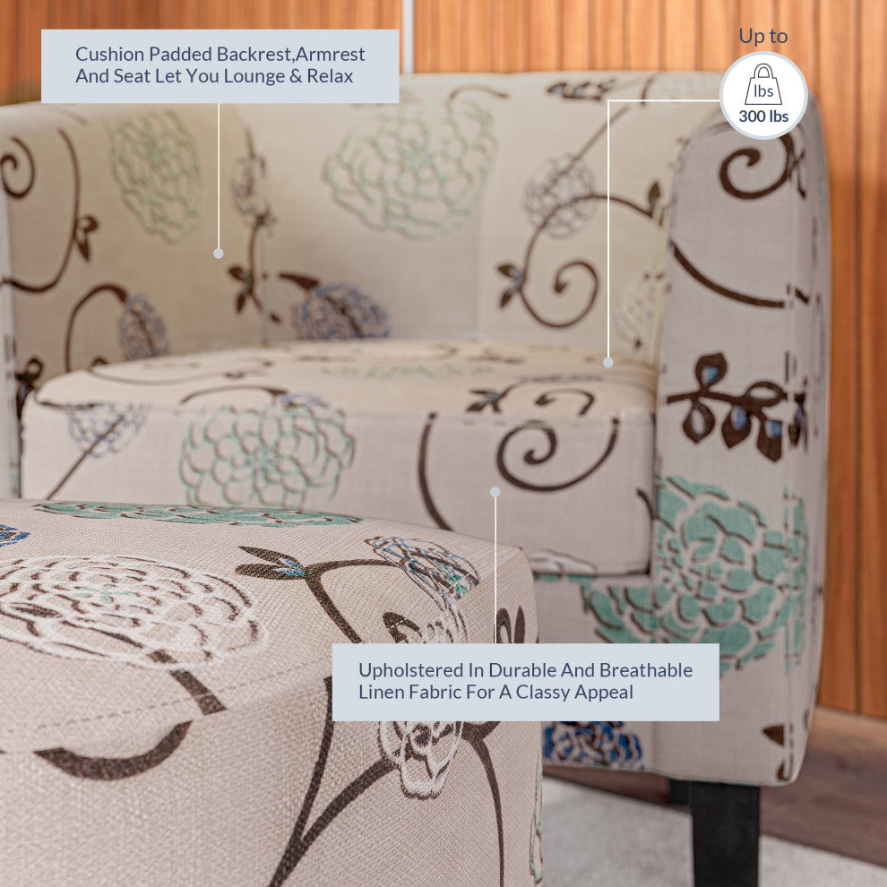 Accent Chair w/ Ottoman Round Arms Curved Back French Print Script,Beige Floral
