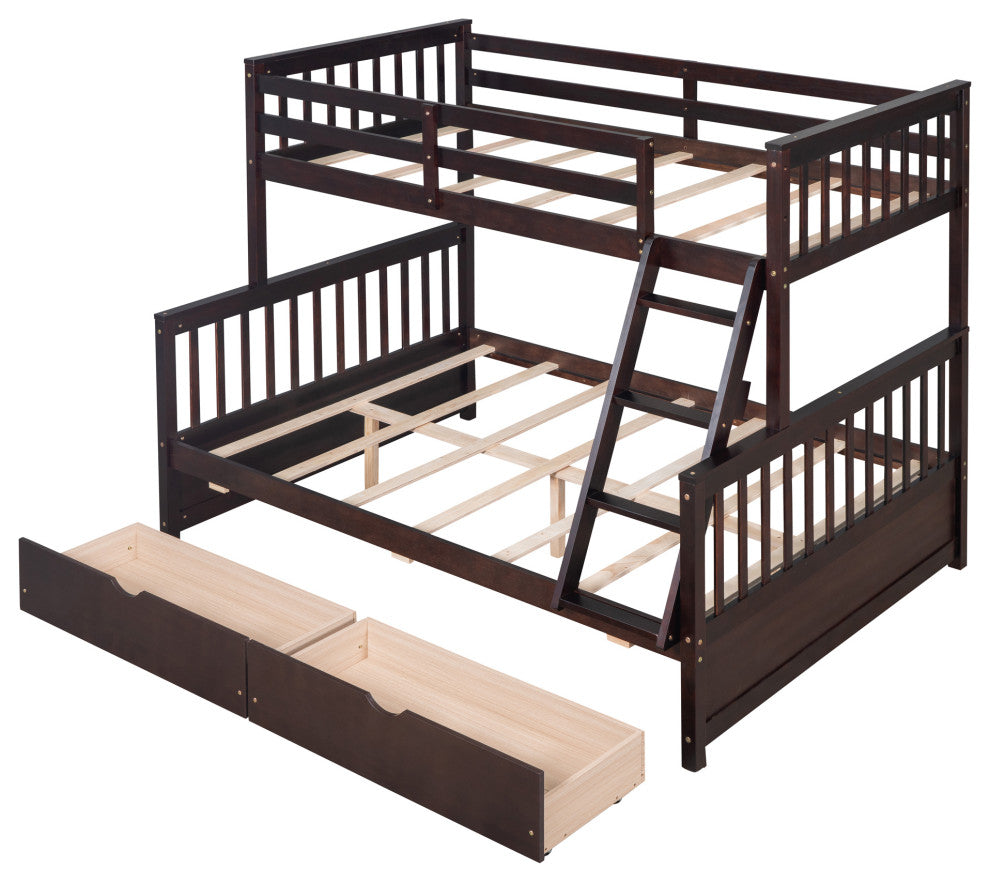 TATEUS Twin Over Full Bunk Bed With Storage Drawers Wood Bunked Bed, Espresso
