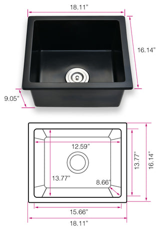 18"Lx16" W Quartz Bar Sink with Basket Strainer Matte Black