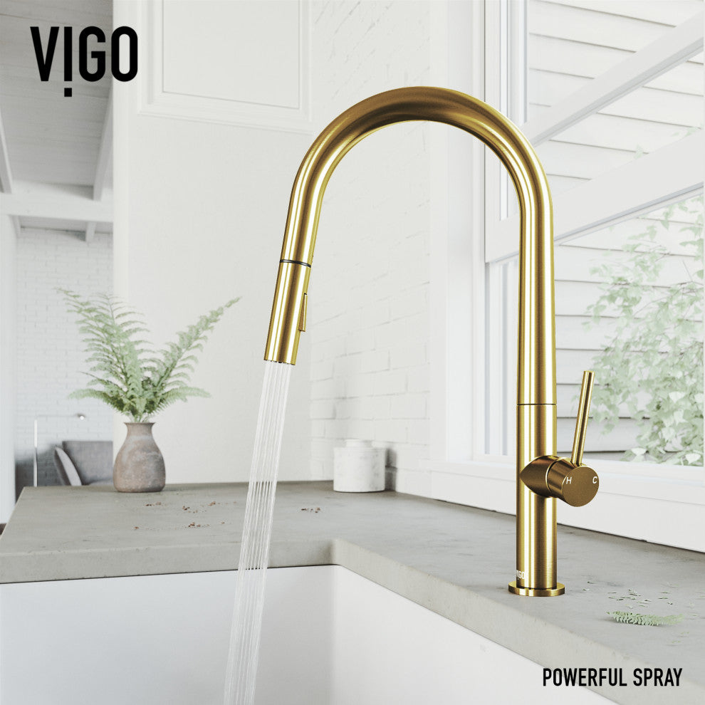 VIGO Greenwich 18" H Single Handle Pull-Down Sprayer Kitchen Faucet, Matte Brushed Gold, No Sensor, Without Extras