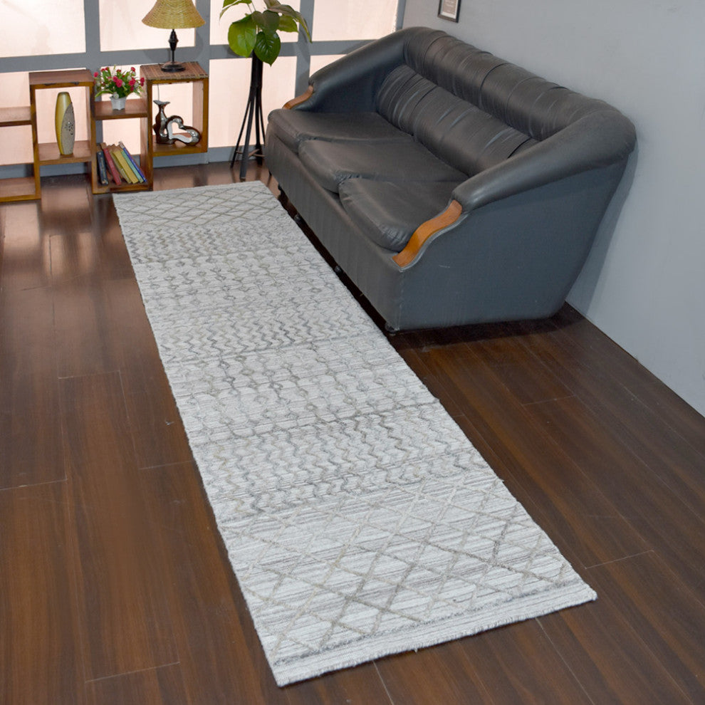 HAND WOVEN FLAT WEAVE KILIM POLYESTER AREA RUGS -Rectangle,Gray,Contemporary, [Runner] 2'6''x10'