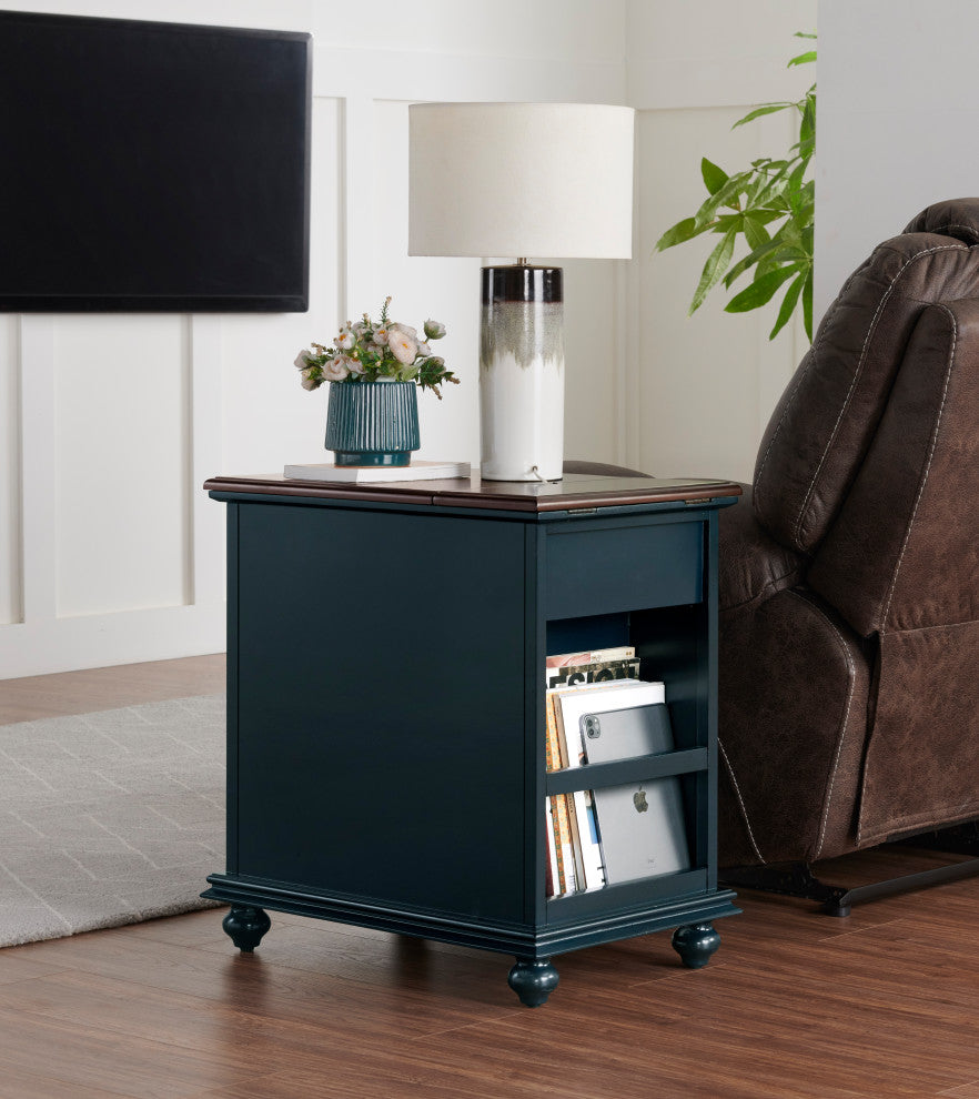Elegant Chairside Table with Charging Station, Catalina Blue With Walnut Top