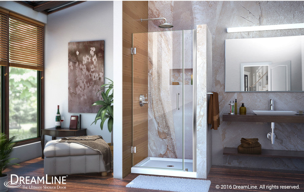 DreamLine Unidoor 36" to 37" Frameless Hinged Shower Door, Clear Glass, Chrome