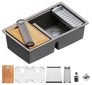 Karran Undermount 32.5 in. Double 50/50 Bowl Workstation Kitchen Sink, Concrete