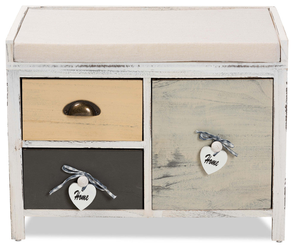 Sophie Transitional Beige Fabric and Wood 3-Drawer Storage Bench