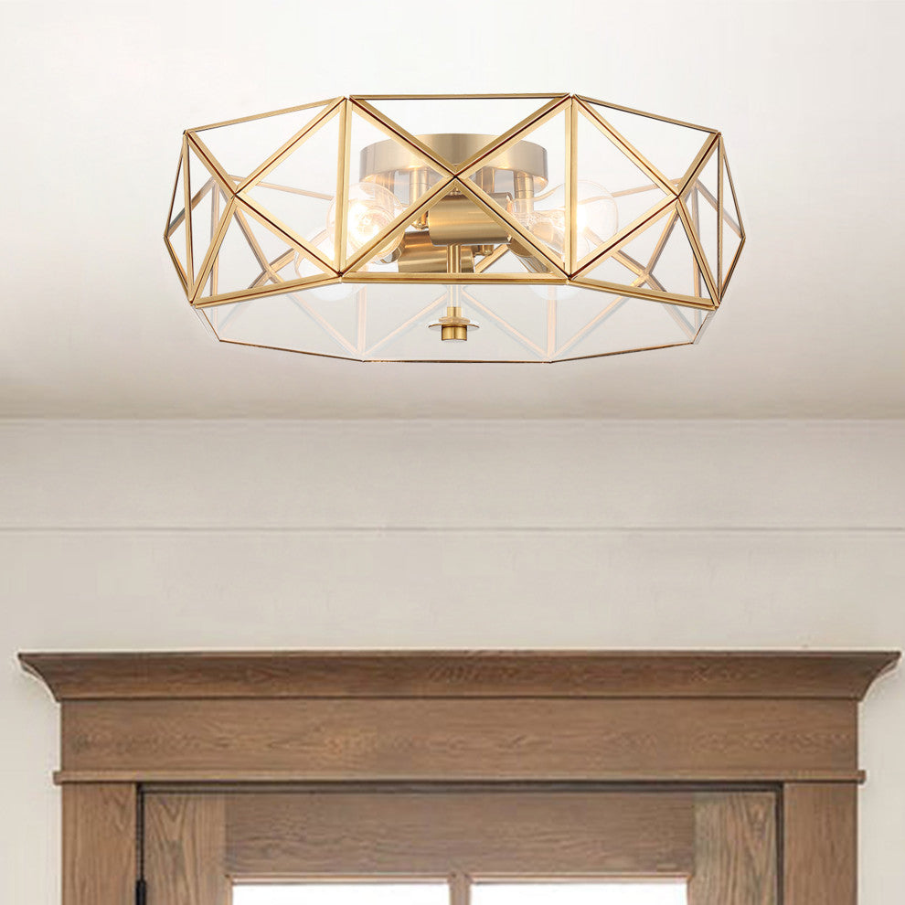 4 Light 16.93" Unique/Statement Geometric Flush Mount, Brass Dust