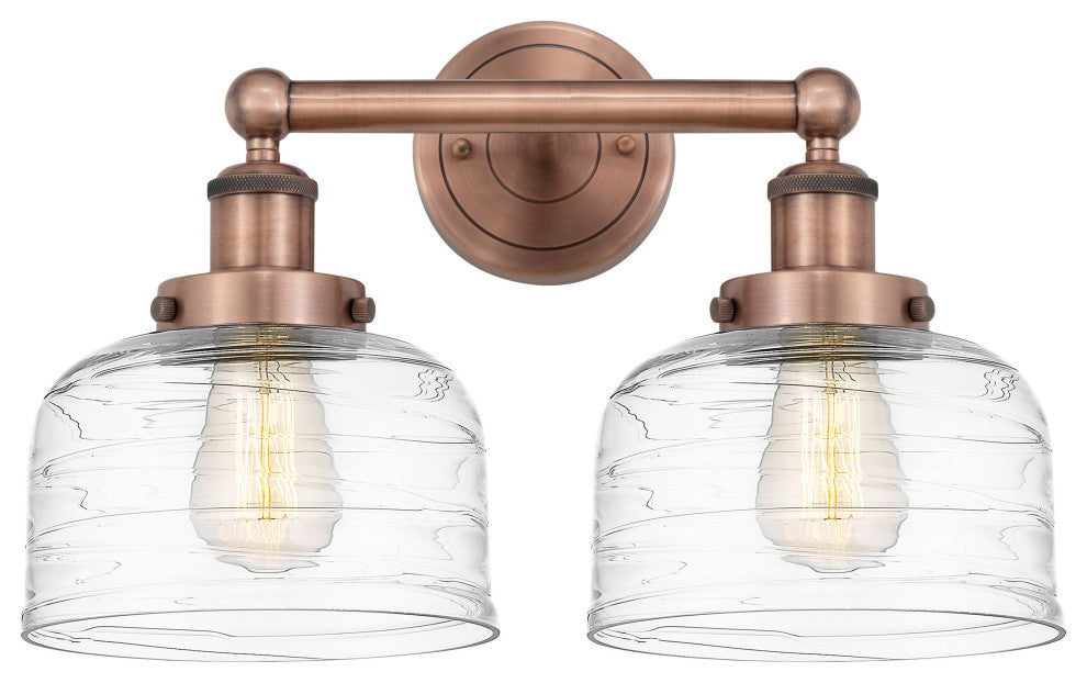 Edison Large Bell 2-Light 16" Vanity Light, Antique Copper, Clear Deco Swirl