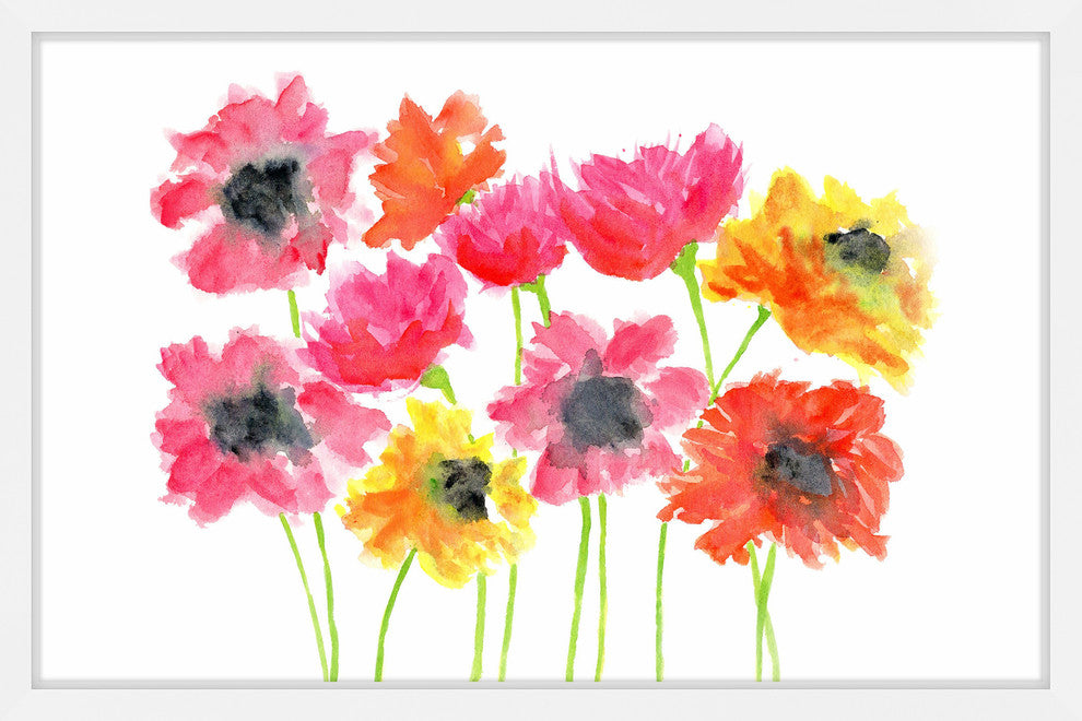 Marmont Hill, "Bold Zinnias" by Thimble Sparrow Framed Painting Print, 30x20