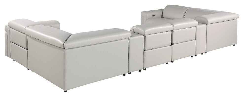 GIOVANNI 8-Piece, 4-Power Reclining Italian Leather Sectional, Light Gray