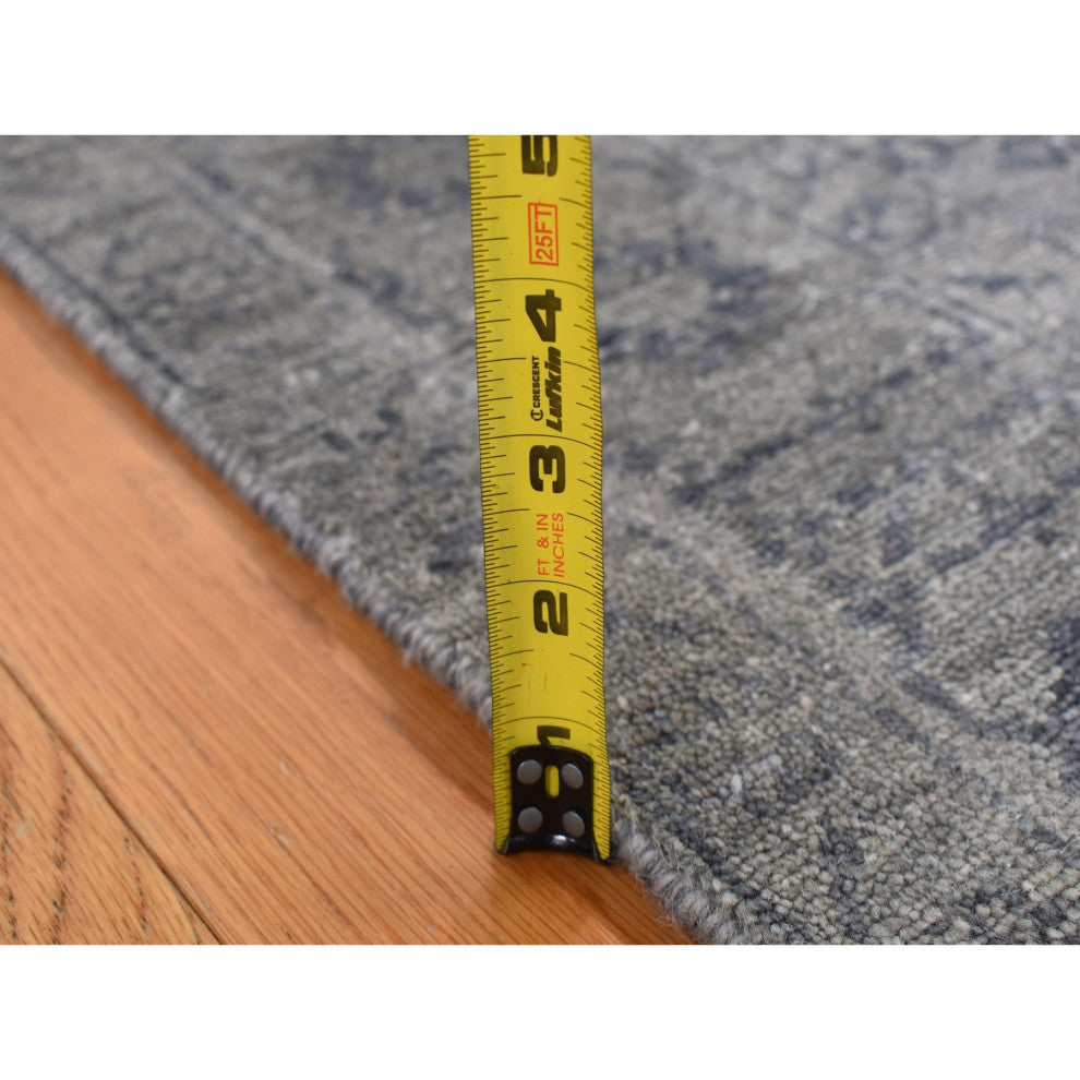 Carbon Gray, Abstract Design Wool and Silk, Hand Knotted Runner Rug, 3'1"x8'3"