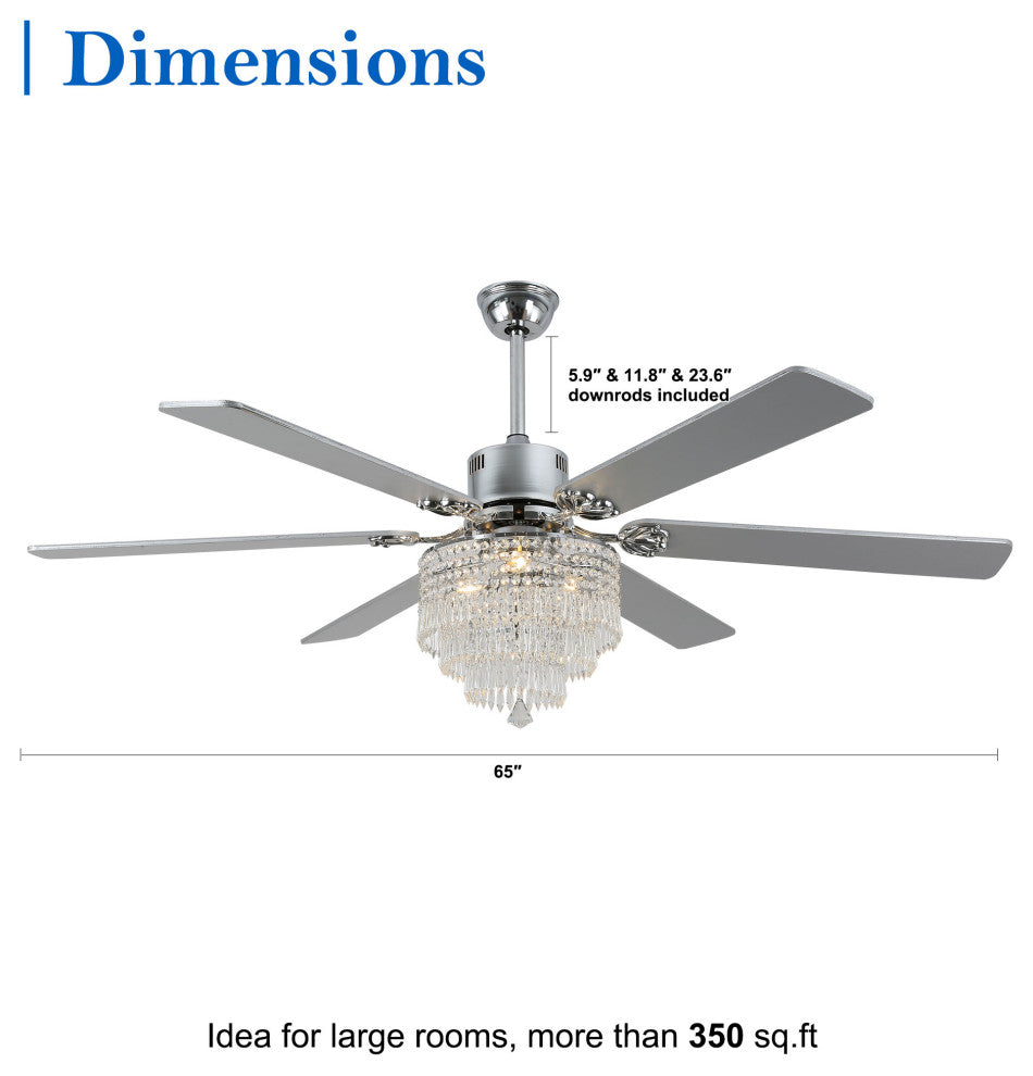 CurveCurio 65" Lagre Ceiling Fan w Crystal Light Shade and Wood Blades, Chrome