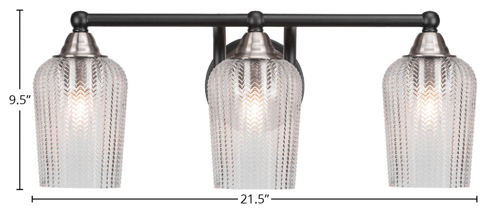 Paramount 3-Light Bath Bar, Matte Black & Brushed Nickel, 5" Clear Textured
