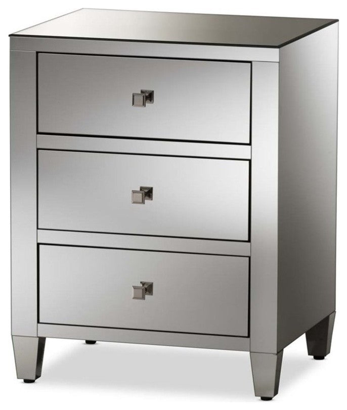 Rosalind HollyWood Regency Glamour Style Mirrored 3-Drawer Nightstand, Set of 2