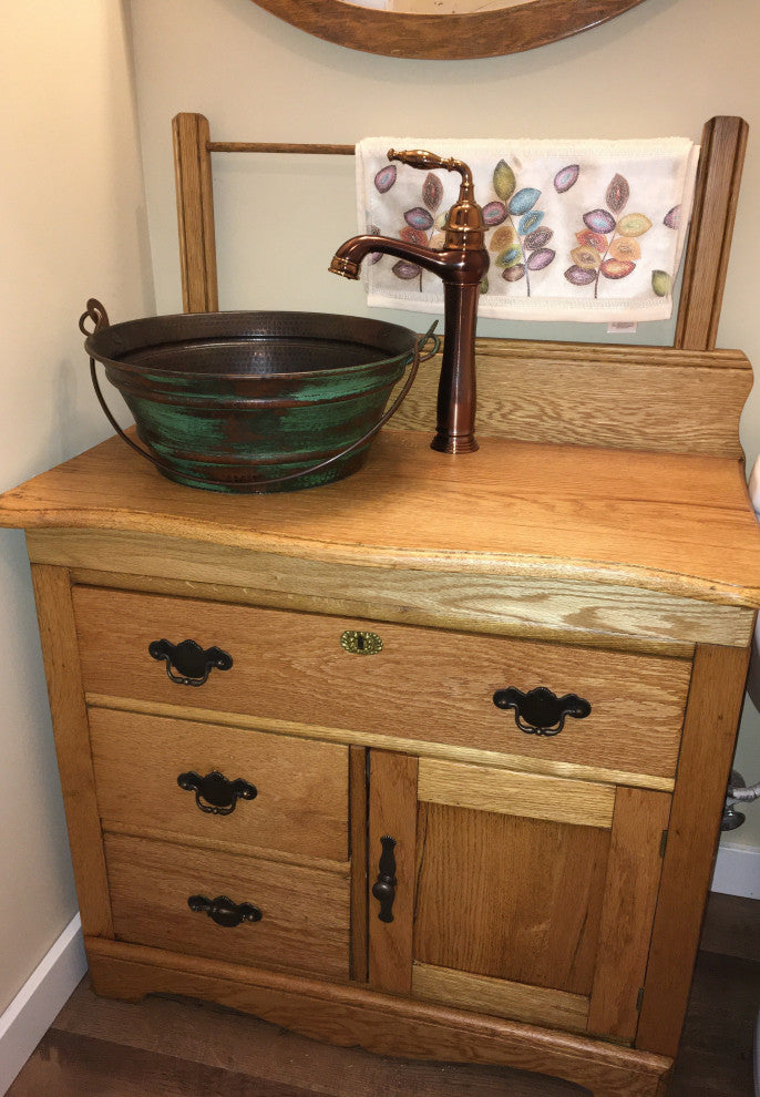 15" Round Copper Vessel Bucket Sink with Green Distressed Exterior, Daisy Drain