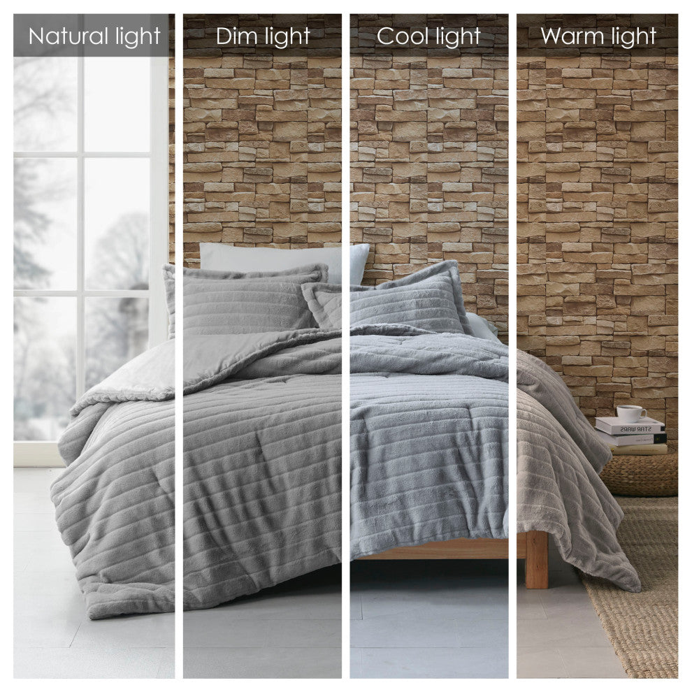 Madison Park Amara Striped Faux Fur Plush Comforter Mini Set, Grey, Grey, King/C