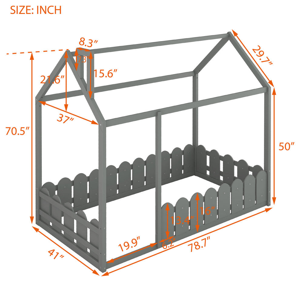 Gewnee Twin Size Wood House Bed with Fence in Gray