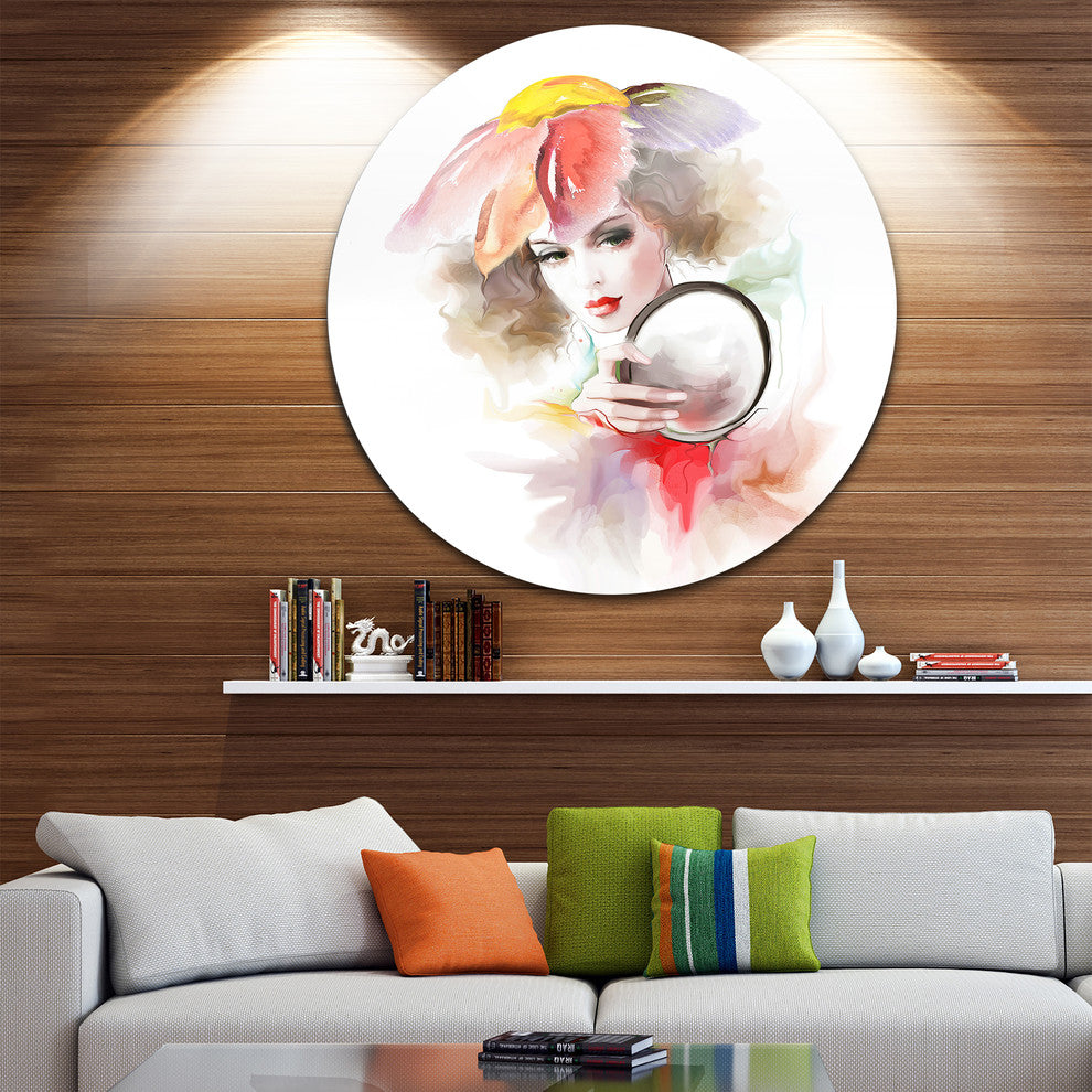 Woman With Mirror, Digital Round Metal Wall Art, 11"