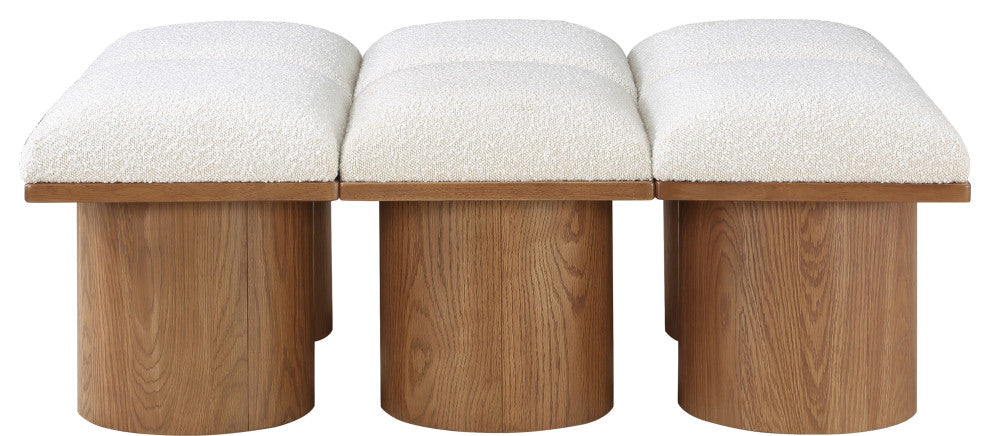 Pavilion Boucle Fabric Upholstered 6-Piece Modular Bench, Cream, Walnut Finish