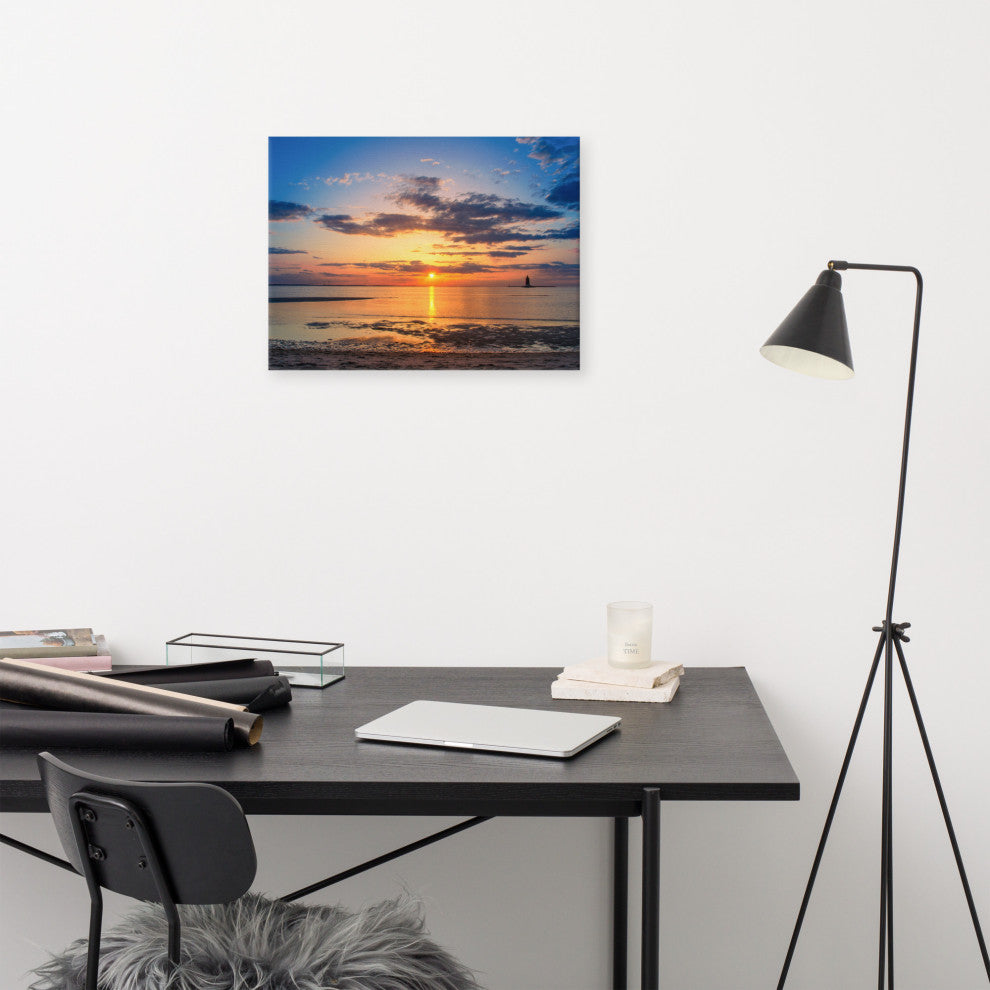 Sunset at Breakwater Lighthouse Coastal Landscape Photo Canvas Print, 18" X 24"