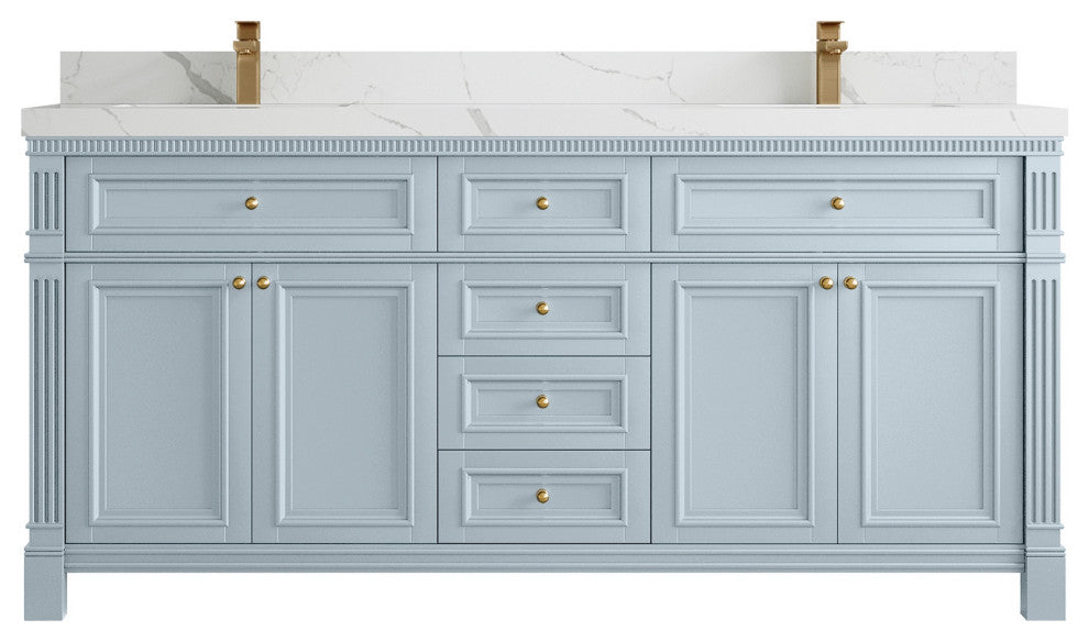Paris 72" Double Sink Bathroom Vanity, Blue Heather 2" Calacatta Laza