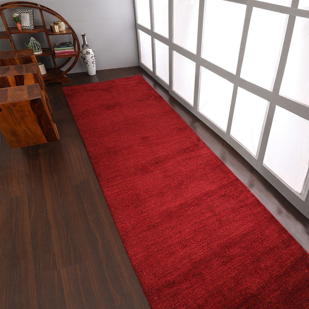 HAND KNOTTED LOOM SILK ECO-FRIENDLY AREA RUGS-Runner,Red Color,Solid Design, [Runner] 2'8"x10'
