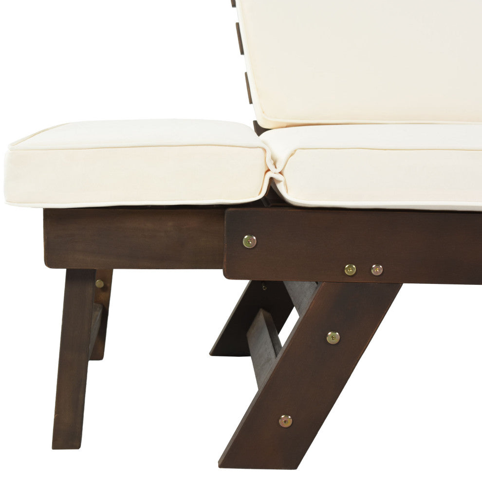 Outdoor Adjustable Wooden Patio Daybed Sofa Chaise Lounge With Cushions, Beige