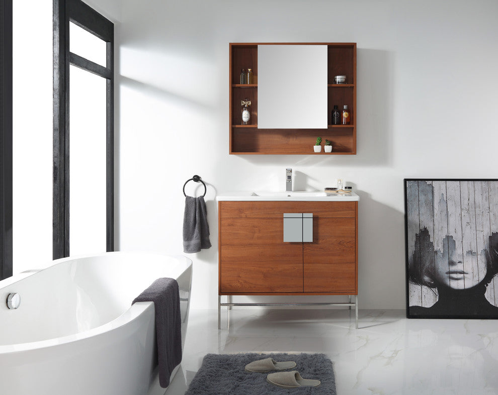Modern Wallnut Bathroom Vanity Set, Chrome Hardware, Vireous China Sink Top
