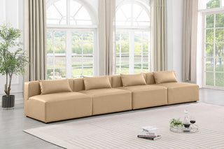 Cube Upholstered Modular Sofa, Tan, 4-Piece: 4 Armless Chair, Vegan Leather