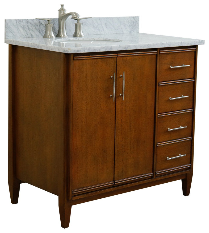 37" Single Vanity, Walnut Finish With White Carrara