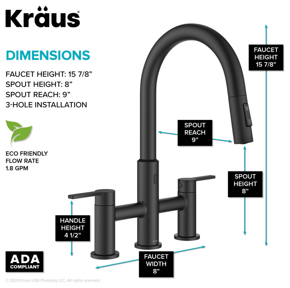KRAUS Oletto Touchless Sensor Bridge Kitchen Faucet w Pulldown Sprayhead MB