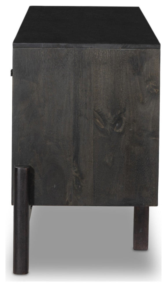 Reza Media Console Worn Black Parawood, Gunmetal Black, Worn Black Acacia