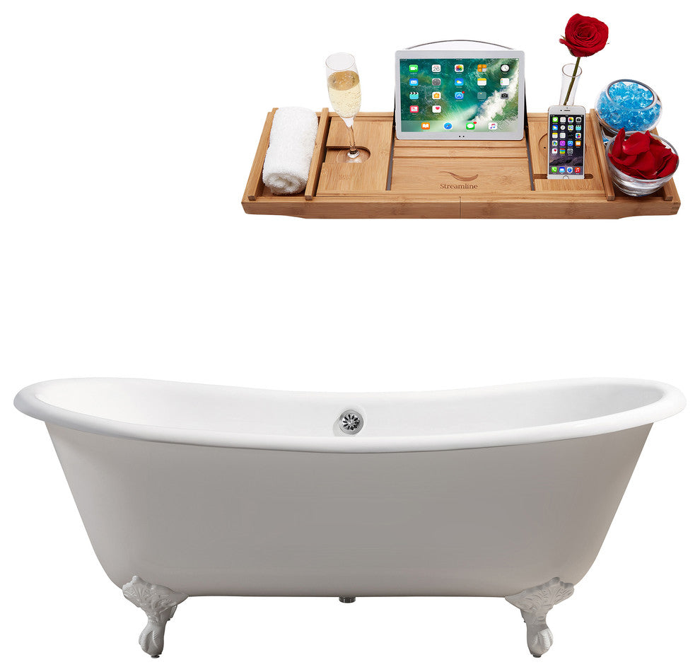 71" Cast Iron R5240WH-CH Soaking Clawfoot Tub and Tray With External Drain