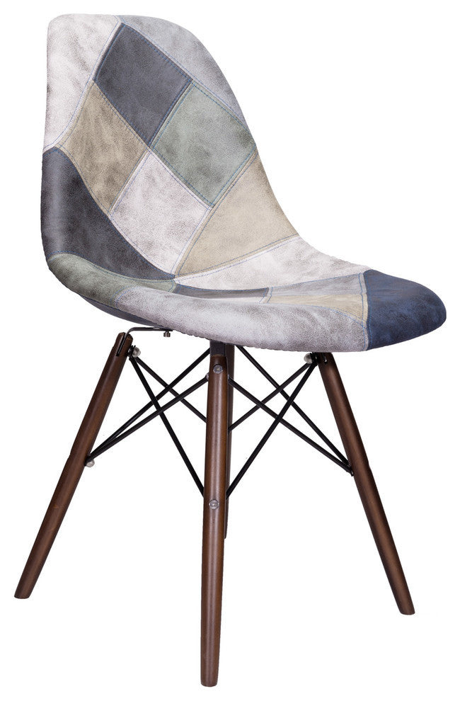 Patch Leatherette Upholstery DSW Dining Side Chair, Dark Walnut Leg, Blue/Gray