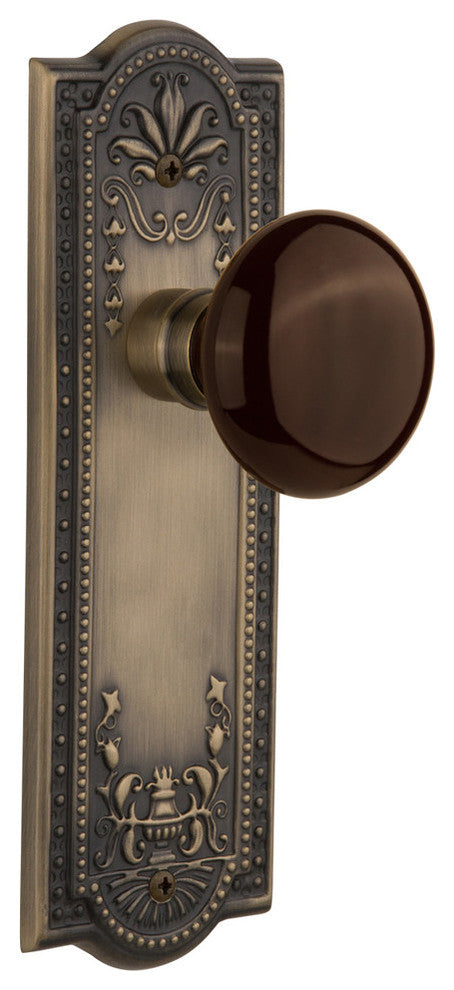 Meadows Plate Passage Brown Porcelain Knob, Antique Brass