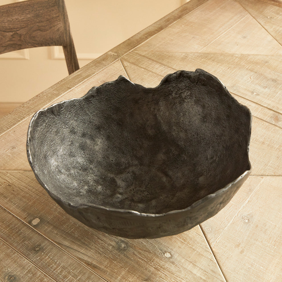 Large 16 in Free Form Dark Gray Decorative Bowl Organic Shape Modern Metal Round