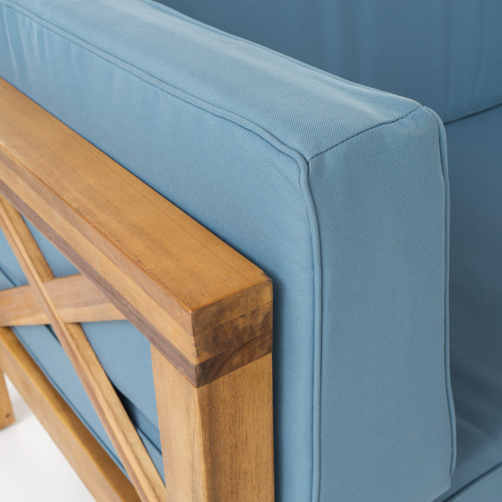 Keith Outdoor Left Arm Loveseat and Coffee Table Set, Blue/Teak
