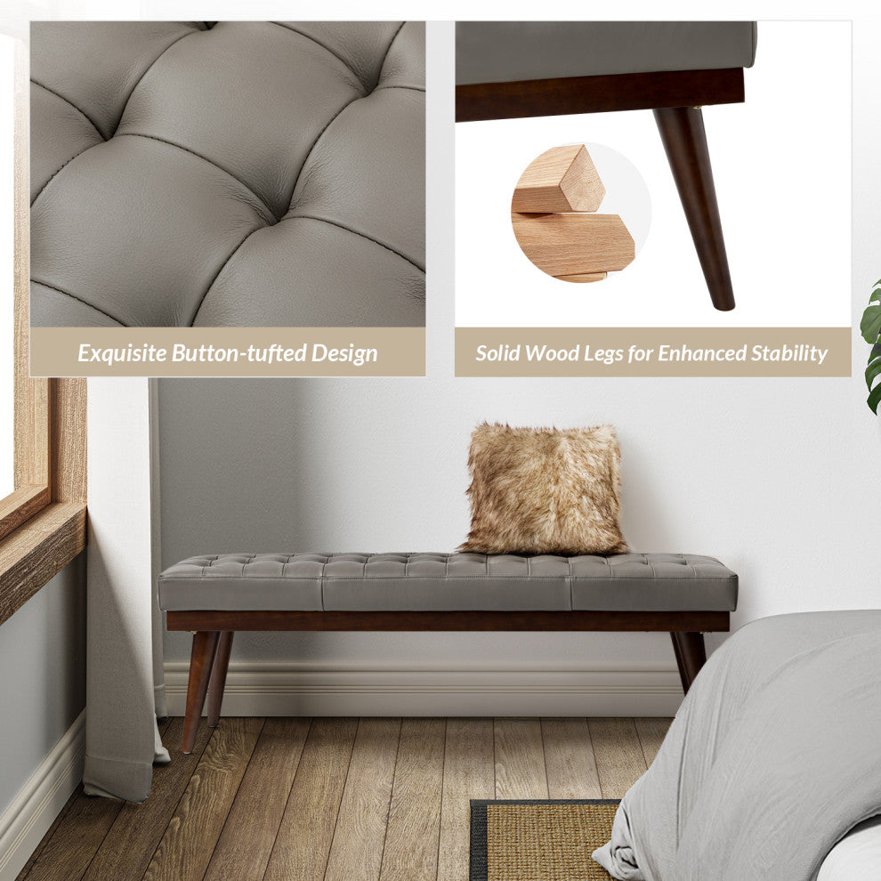 55.5"W Genuine Leather Bedroom Bench, Gray