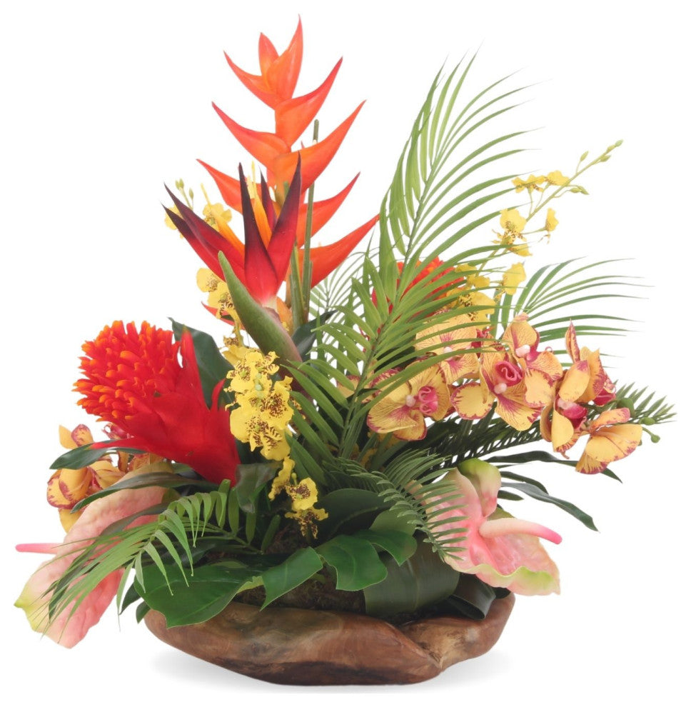 Tropical Flower Arrangement, Natural Wood Bowl