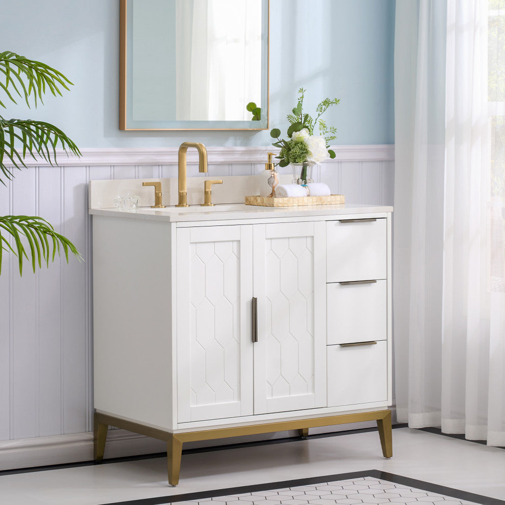 Alison Freestanding Bathroom Vanity with Italian Carrara White Marble Top, White, 36"