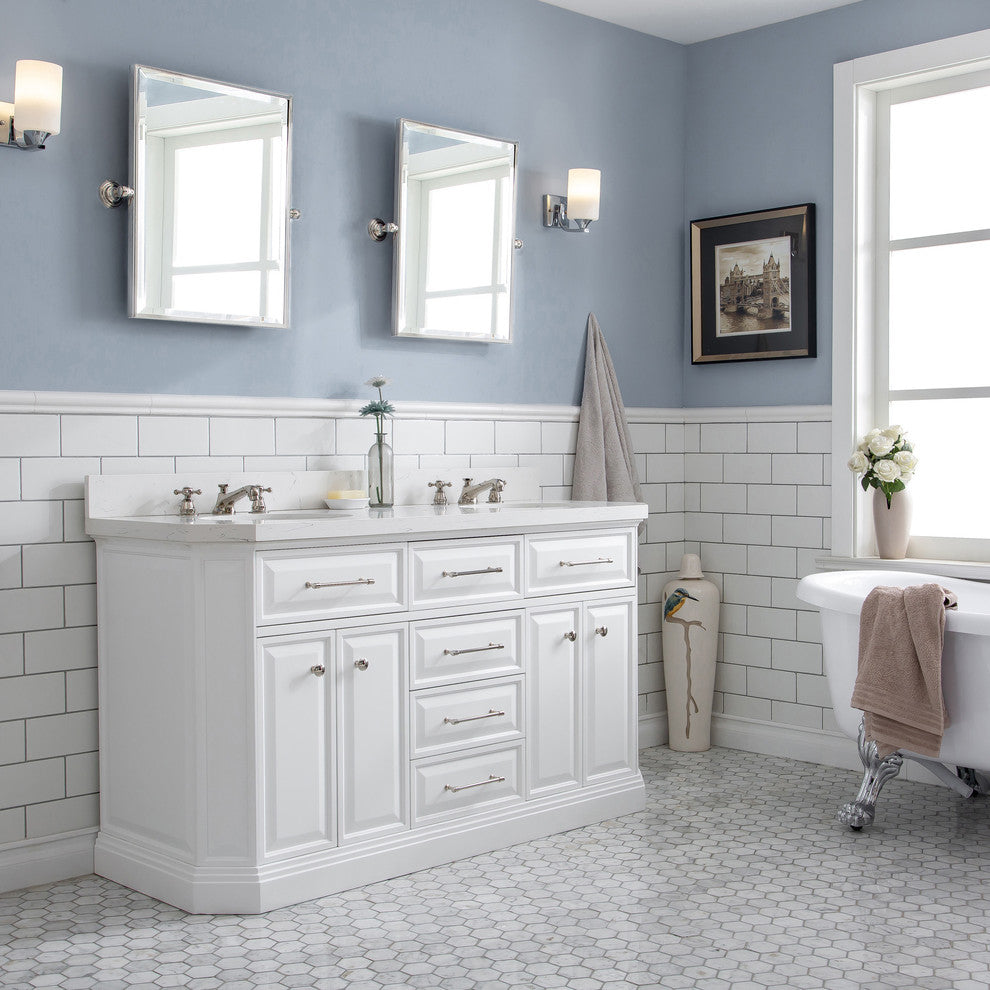 60" Palace Quartz Carrara Pure White Vanity With Polished Nickel Hardware